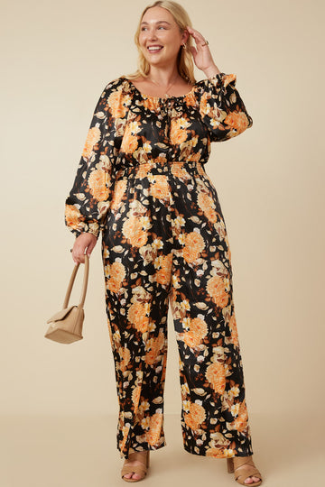 HY7683 Black Womens Satin Floral Smocked Waist Tie Front Jumpsuit Editorial